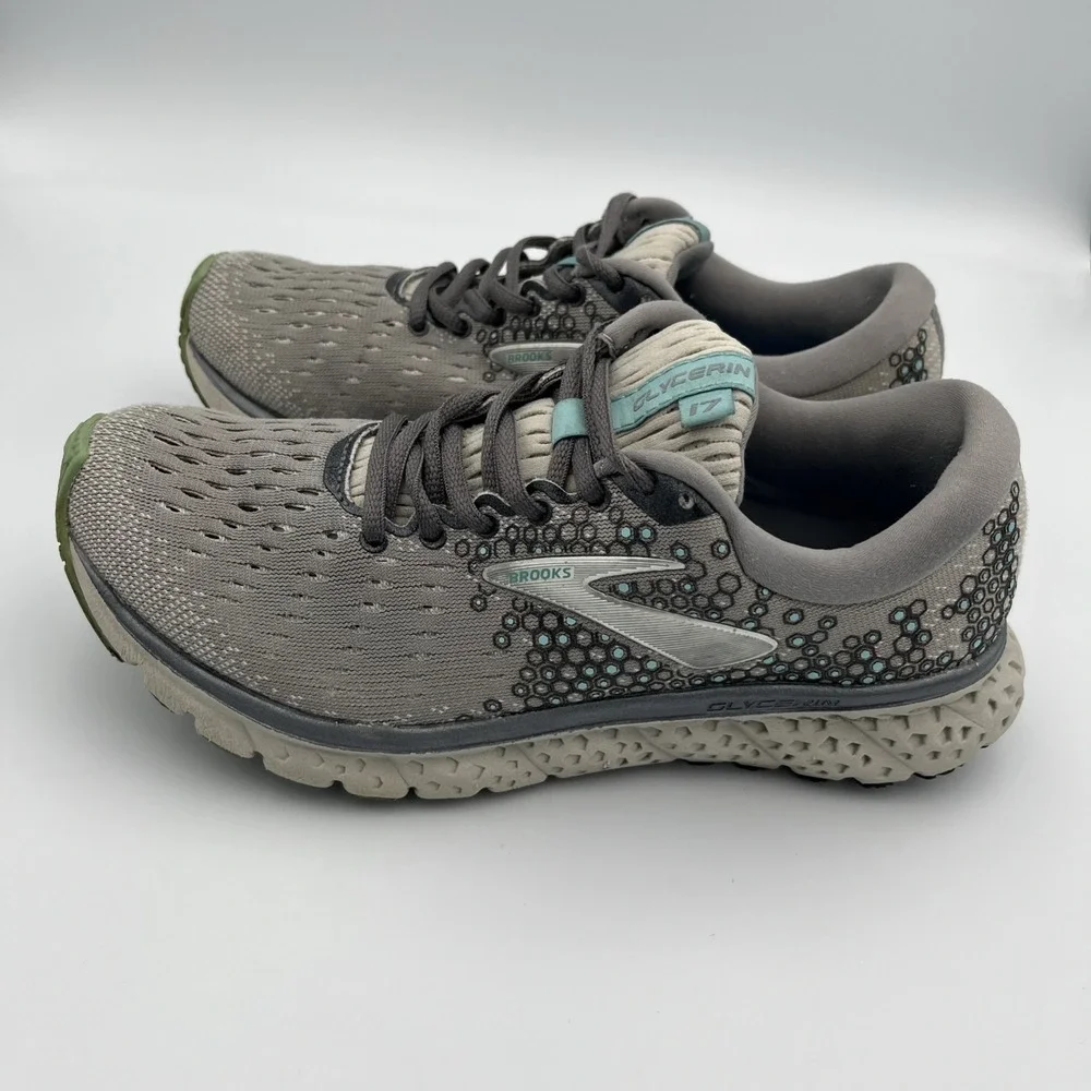 Brooks Glycerin 17 Running Walking Shoes Sneakers Gray Green Womens 7 B Athletic